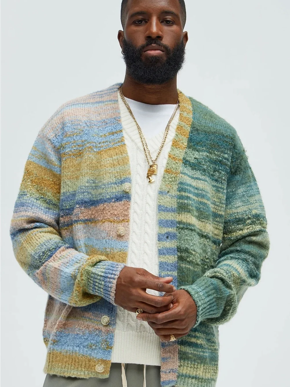 Fashion Nova Marled Striped Cardigan in Green, Blue & Mustard